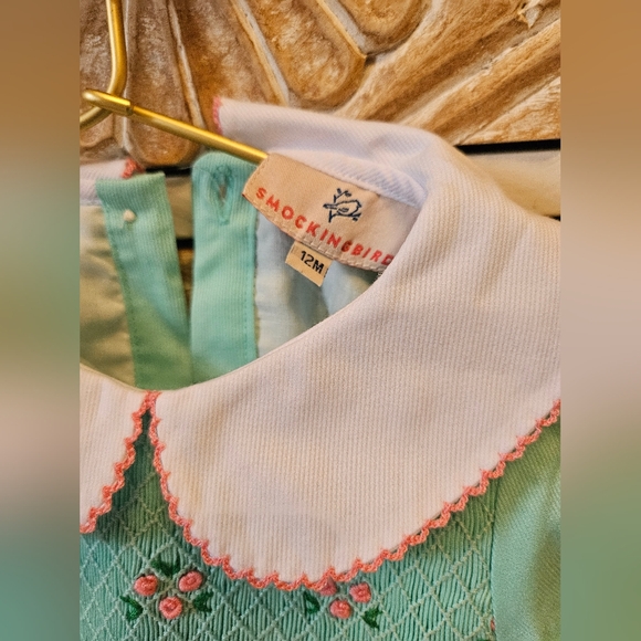 Smockingbird Mint Green Rosette Smocked Bishop Bubble 12 Months - Picture 3 of 4